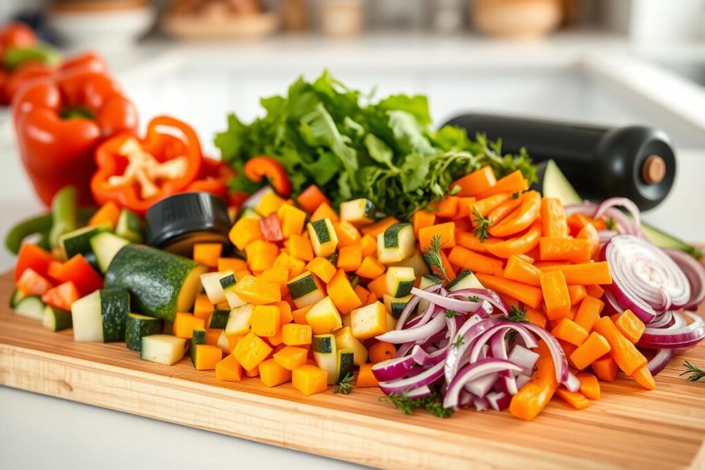 Cutting board with chopped vegetables